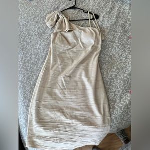 Eliza J Cream One Shoulder w/ embellished bow. Perfect for summer wedding.